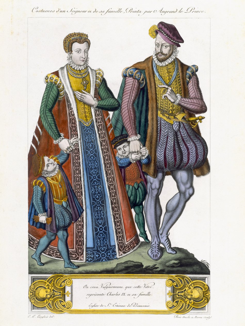 Kostymer av en Seigneur och hans familj, graverade av Amedee Peree av C.H. Langlois