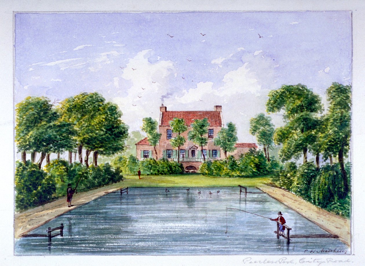 Människor som fiskar i Peerless Pool, City Road, Finsbury, London, c1800. av CH Matthews