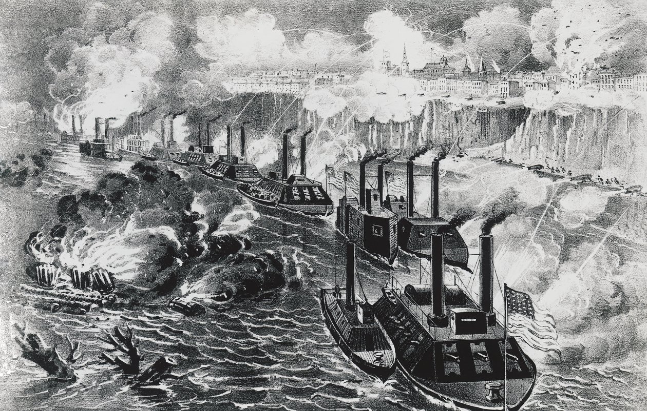 Amiral David Dixon Porters flotta kör rebellblockad på Mississippi i Vicksburg den 16 april av J.B. and Brown J. Rowbotham