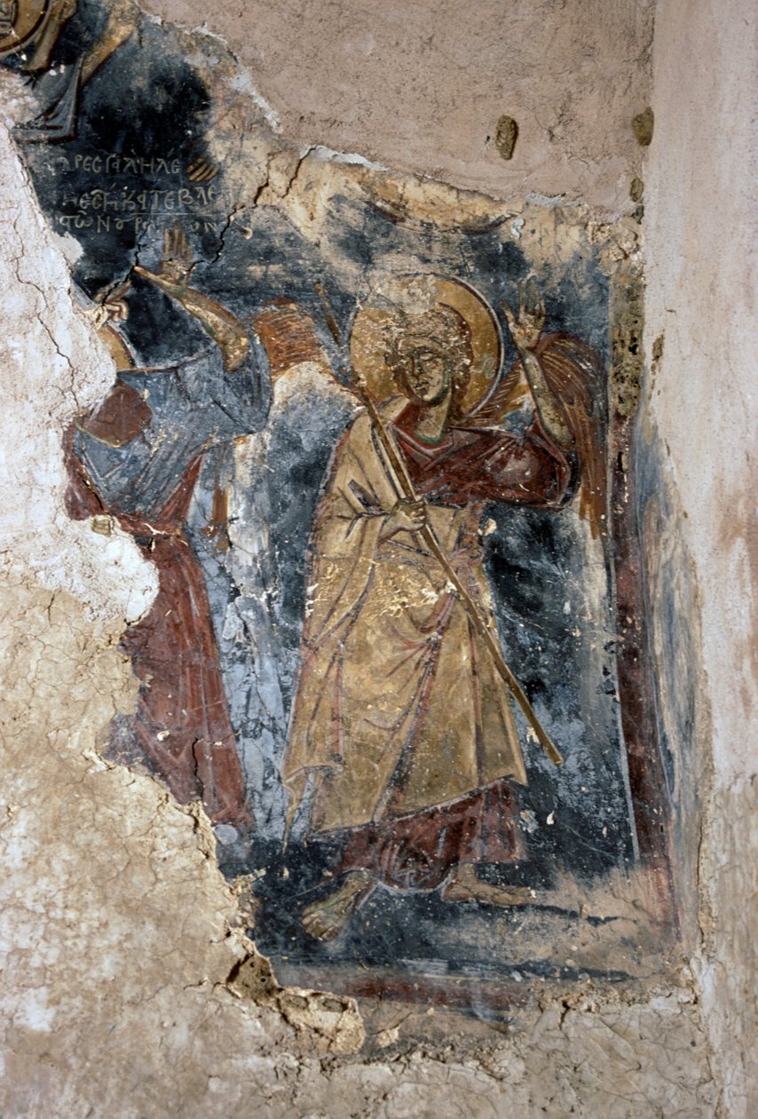 Ängel och helgon, detalj från fresk i kyrkan Agios Georgios Apodoulou, Apodoulou, Kreta, Grekland (foto) av J.B. and Brown J. Rowbotham