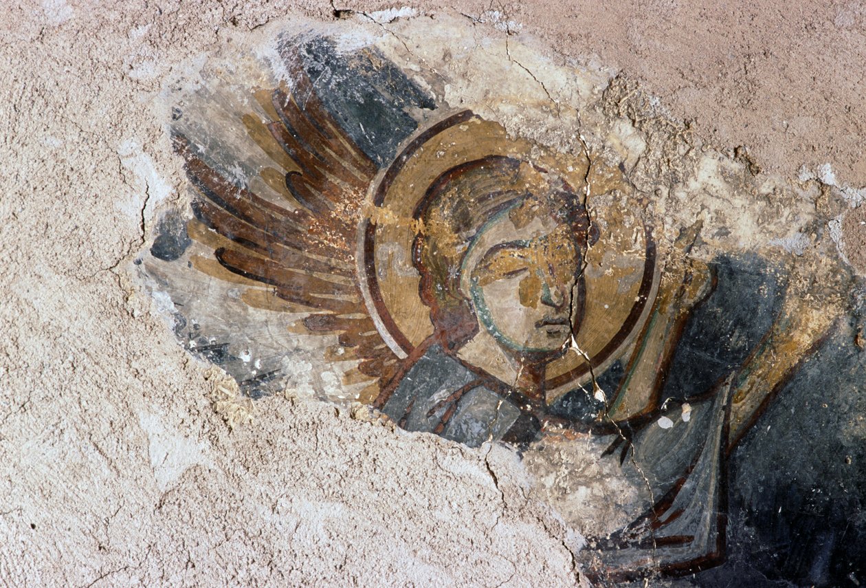Ängel, fresk i den bysantinska kyrkan Agios Georgios, Apodoulou, Kreta, Grekland (foto) av J.B. and Brown J. Rowbotham