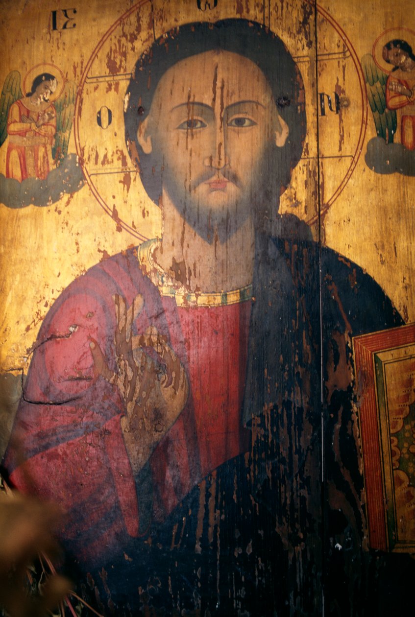 Kristus, målad på trä i Agios Antonios kyrka, Kavousi, Kreta, Grekland (foto) av J.B. and Brown J. Rowbotham