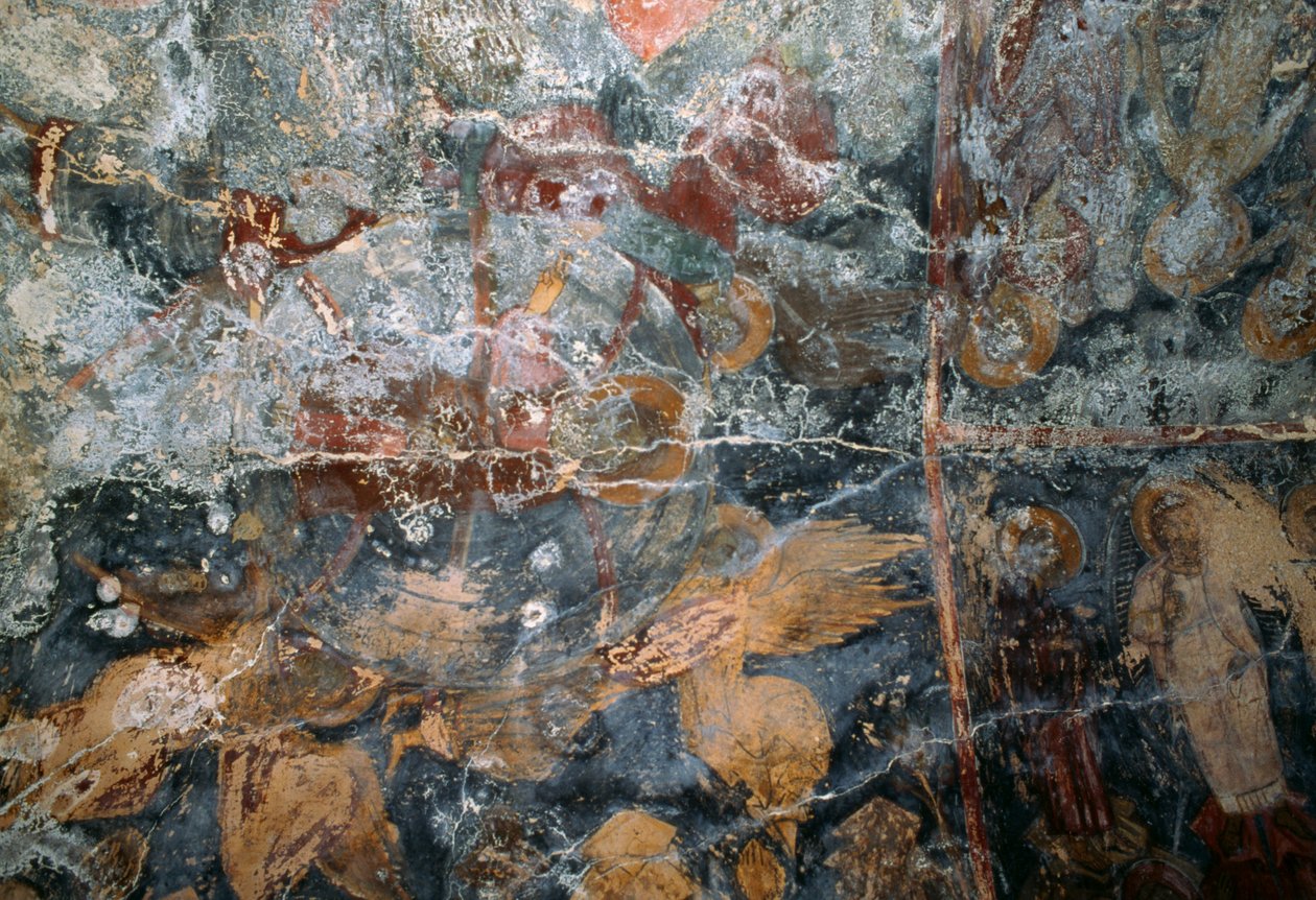 Skadad fresk i kyrkan Metamorphosis Sotiros, Voutas, Kreta, Grekland (foto) av J.B. and Brown J. Rowbotham