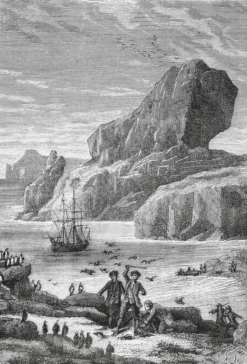 Upptäckten av Austral-Frankrike (Kerguelen-öarna) av den franske upptäcktsresanden Yves-Joseph de Kerguelen-Tremarec (1734-1797), februari 1772, gravyr, Indiska oceanen, territorium för franska södra och antarktiska länder av J.B. and Brown J. Rowbotham