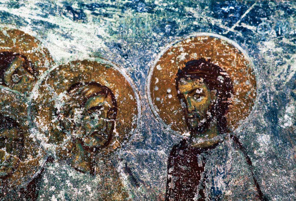 Helgonfigurer, fresk i kyrkan Taxiarhon, Gamla Pyli, ön Kos, Grekland (foto) av J.B. and Brown J. Rowbotham