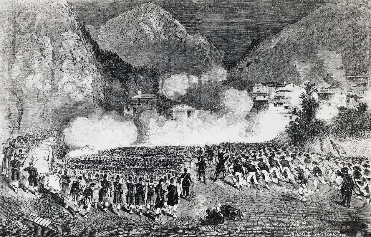General Giacomo Medicis division attackerar Levico Terme, Trentino-Alto Adige, juli 1866, tredje frihetskriget, gravyr, Italien av J.B. and Brown J. Rowbotham