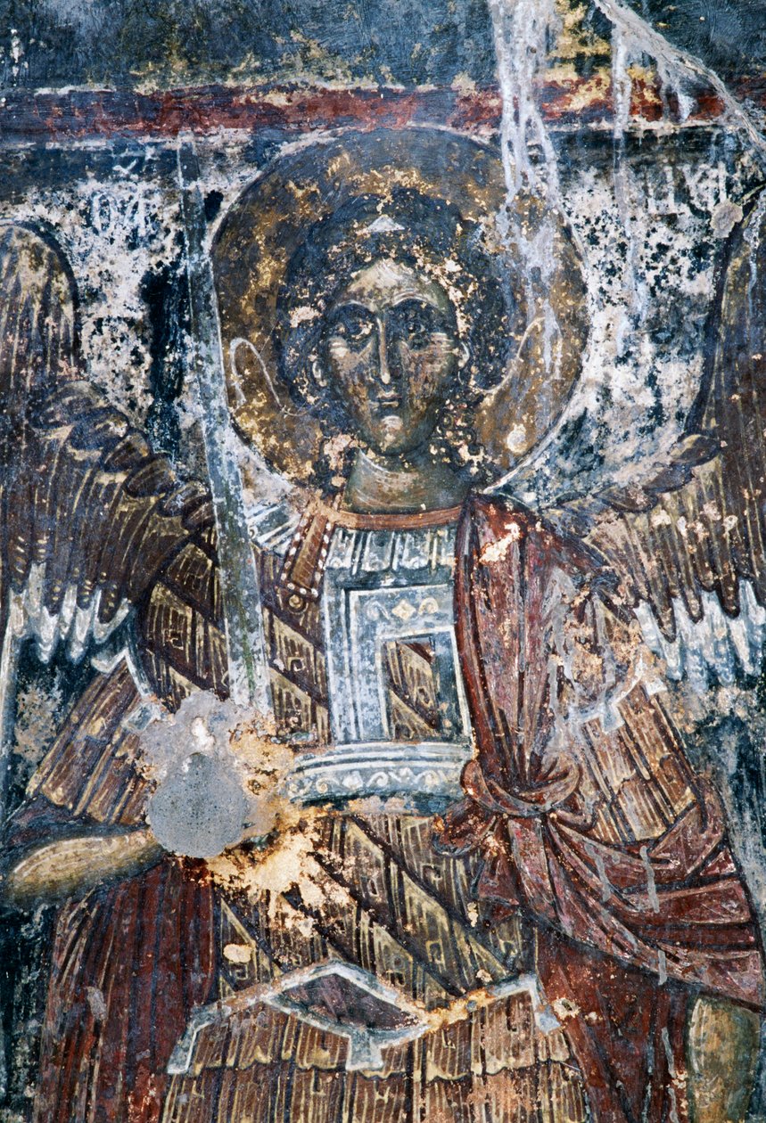 Häst, skadad freskomålning i taket i Agios Vasileios kyrka, Vavouledo, Kreta, Grekland (foto) av J.B. and Brown J. Rowbotham