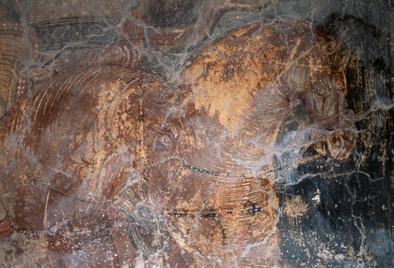 Häst, detalj från fresk i kyrkan Agios Georgios, Komitades, Kreta, Grekland (foto) av J.B. and Brown J. Rowbotham