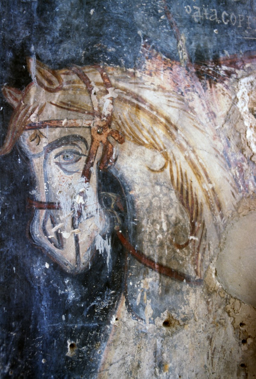 Häst, detalj från fresk i kyrkan Agios Georgios, Vathiako, Kreta, Grekland (foto) av J.B. and Brown J. Rowbotham