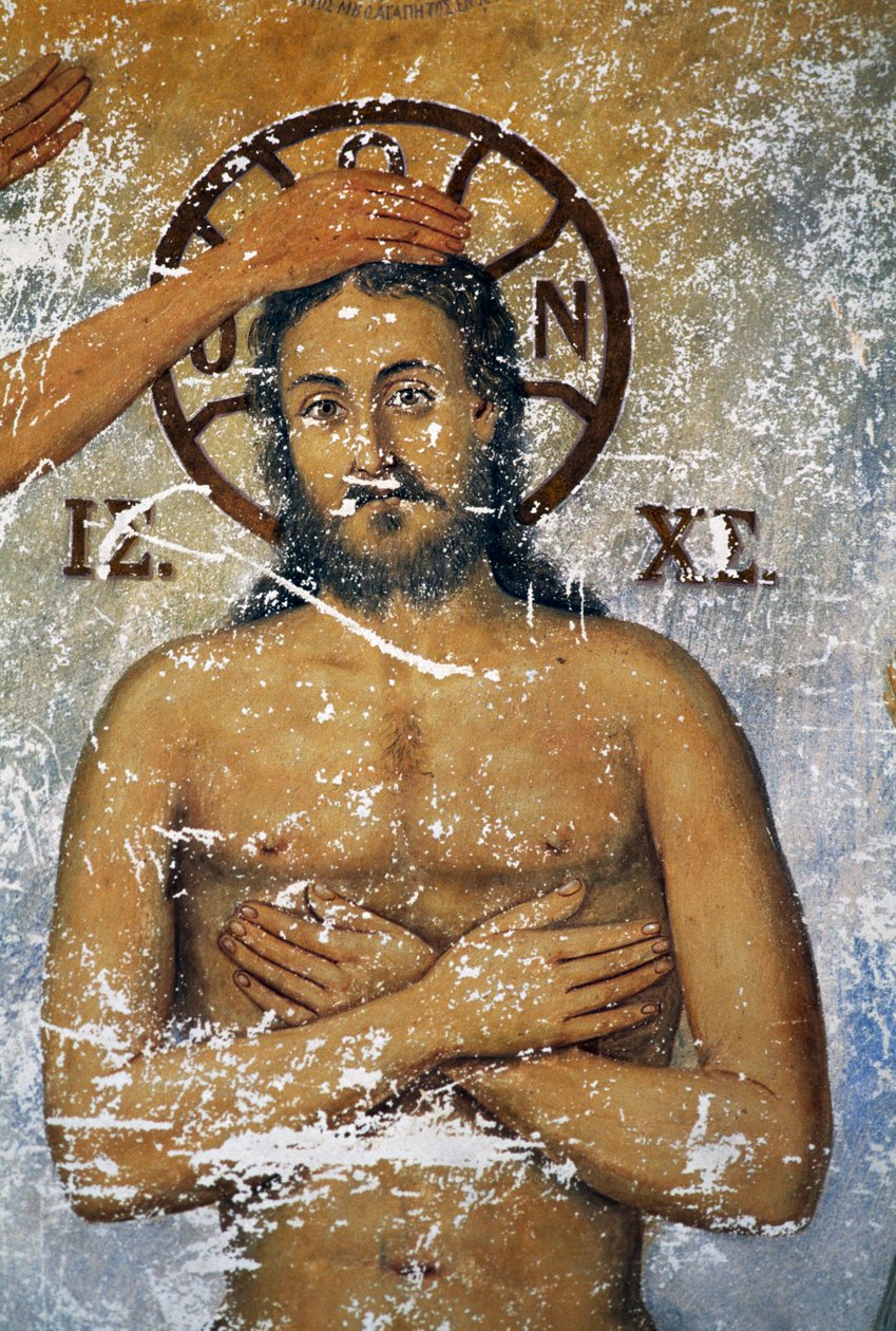 Jesus blir döpt av St John, fresk i kyrkan i klostret St John Theologian (Unescos världsarvslista av J.B. and Brown J. Rowbotham