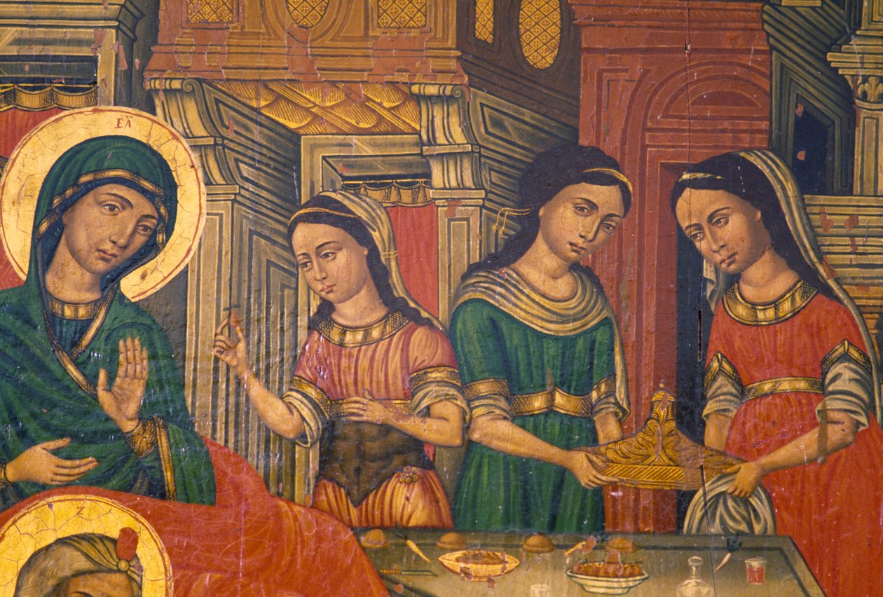 Madonna och kvinnor som bär mat, Arkadi, Kreta, Grekland (foto) av J.B. and Brown J. Rowbotham