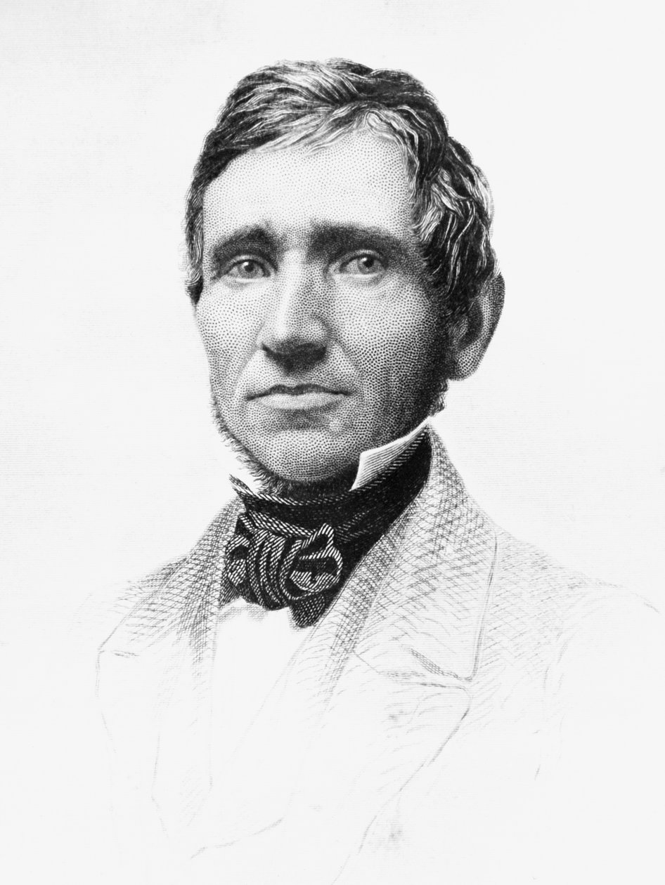 Porträtt av Charles Goodyear (1800-1860), amerikansk självlärd kemist och uppfinnare som utvecklade vulkaniserat gummi, gravyr av J.B. and Brown J. Rowbotham