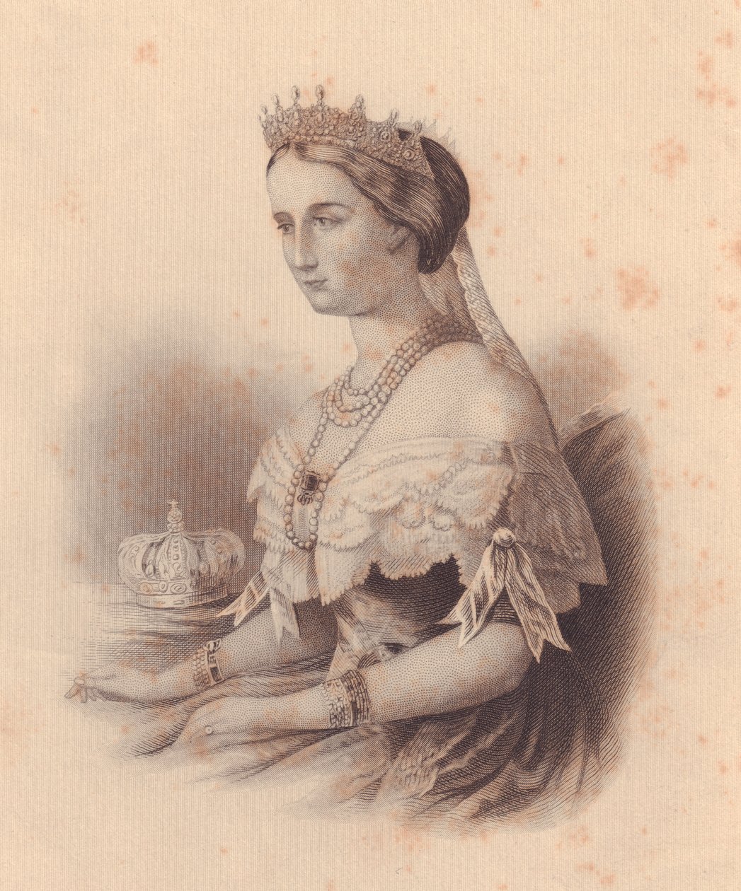 Porträtt av Eugenia de Montijo de Guzman (1826-1920), kejsarinna av franskan, hustru till Napoleon III Bonaparte, gravyr av W Wellstood, från damförvaret, USA, cirka 1870 av J.B. and Brown J. Rowbotham
