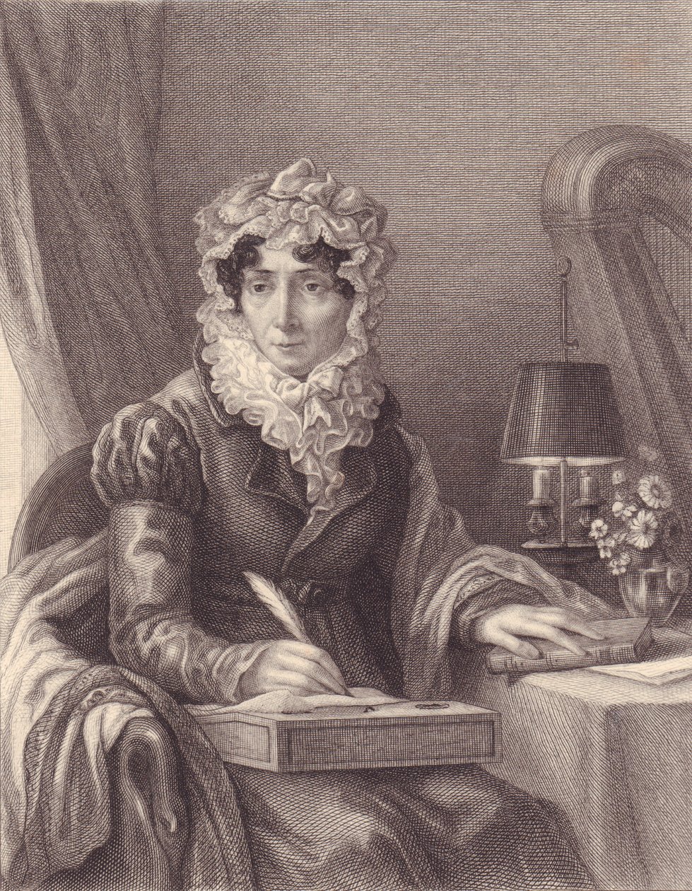 Porträtt av den franska författaren Stephanie-Felicite Ducrest de Saint Aubin, Madame de Genlis (1746-1830), gravyr av J.B. and Brown J. Rowbotham