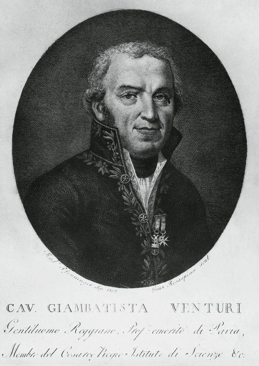 Porträtt av Giovanni Battista Venturi (1746-1822), italiensk fysiker, diplomat, vetenskapshistoriker och upptäckare av Venturi-effekten, gravyr av J.B. and Brown J. Rowbotham