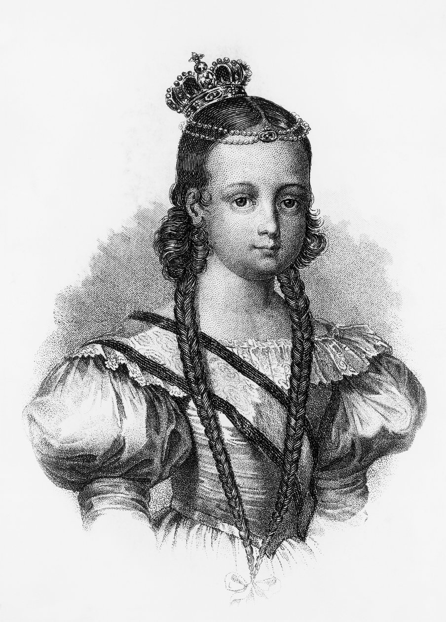 Porträtt av Isabel II (1830-1904), drottning av Spanien från 1833 till 1868, gravyr av J.B. and Brown J. Rowbotham