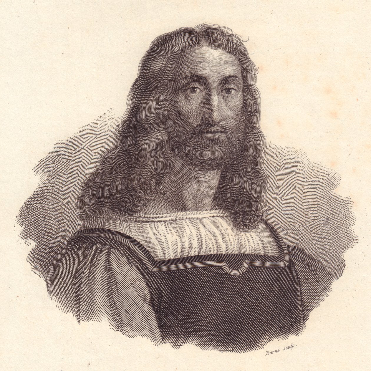 Porträtt av den italienske gravören Marcantonio Raimondi (1480-1534), kopparstick av Barni efter målning av Raffaello Sanzio av J.B. and Brown J. Rowbotham