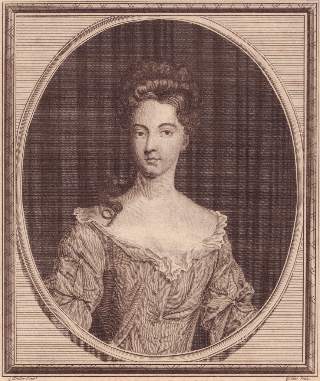 Porträtt av Margaret Cecil, grevinna av Ranelagh (1672 eller 1673-1728), kopparstick av John Goldar (1729-1795) från målning av G Kneller av J.B. and Brown J. Rowbotham