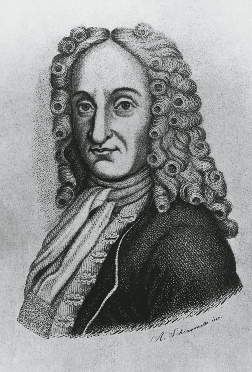 Porträtt av Pietro Antonio Michelotti (1673-1740), italiensk läkare och iatromatematiker, gravyr av Schiavonetti av J.B. and Brown J. Rowbotham