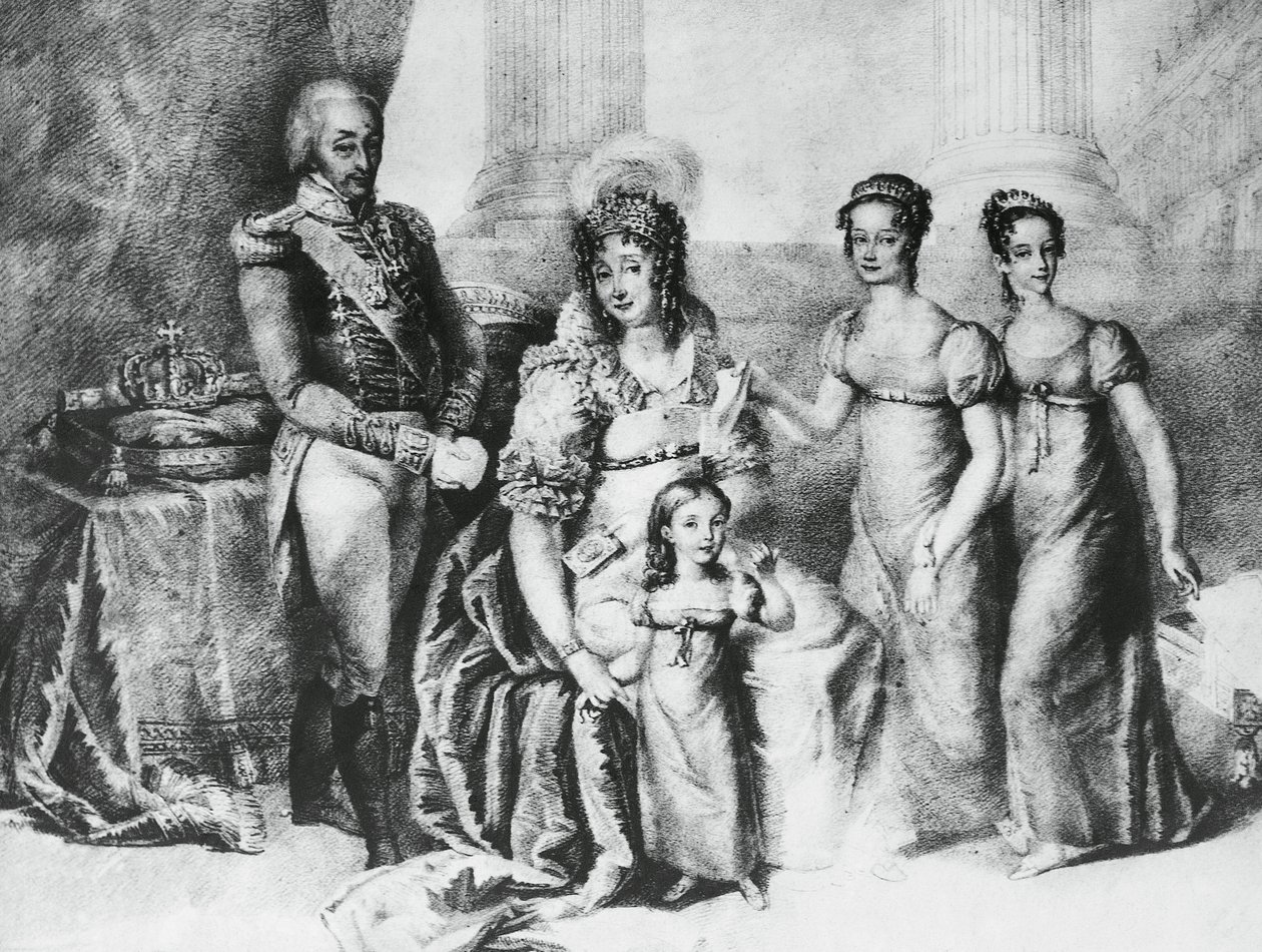 Porträtt av Victor Emmanuel I, kung av Sardinien och hertig av Savojen, Piemonte och Aosta, med sin hustru Maria Theresia av Österrike-Este och hans döttrar, Maria Teresa av Savojen (1803-1879), Maria Anna av Savojen och Maria Cristina av Savojen , gravyr av J.B. and Brown J. Rowbotham