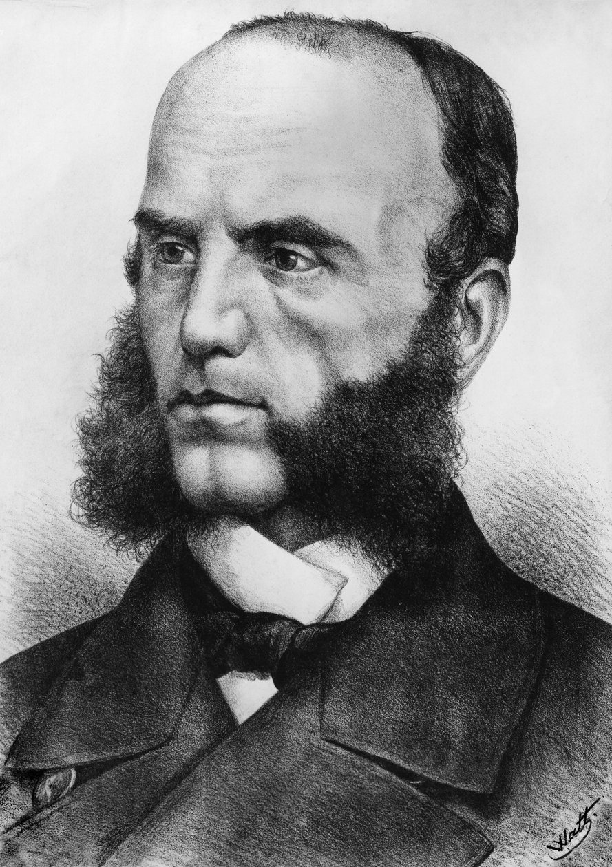 Porträtt av Wilhelm von Tegetthoff (1827-1871), österrikisk amiral, han ledde sjöstridskrafterna under andra slesvigska kriget 1864 och österrikisk-preussiska kriget 1866, gravyr efter ritning av Watt av J.B. and Brown J. Rowbotham