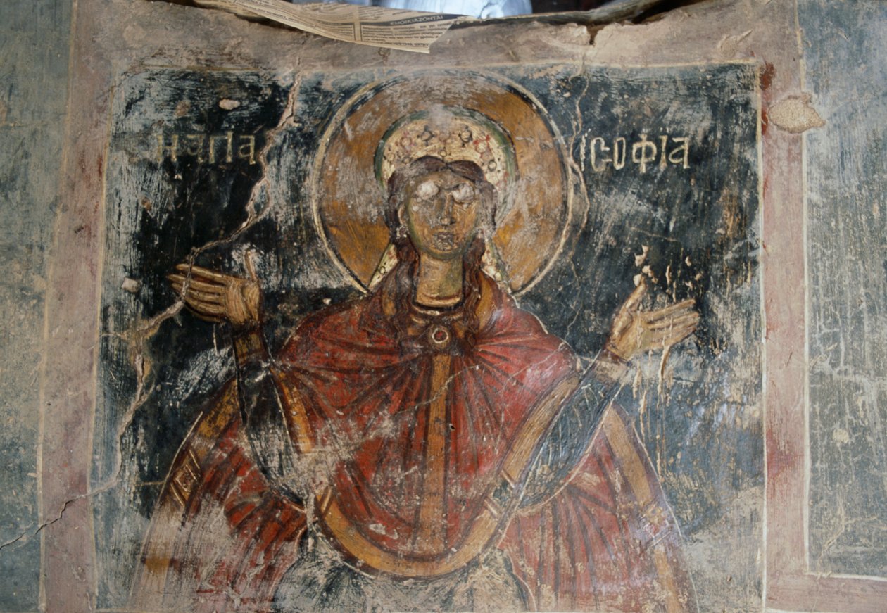 Saint, fresker-väggar i kyrkan Agios Georgios, Komitades, Kreta, Grekland (foto) av J.B. and Brown J. Rowbotham