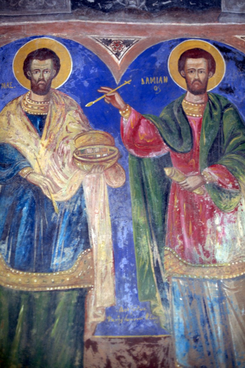 Saints Cosmas och Damian, klostret Megalo Sotiris, ön Symi, Grekland (foto) av J.B. and Brown J. Rowbotham
