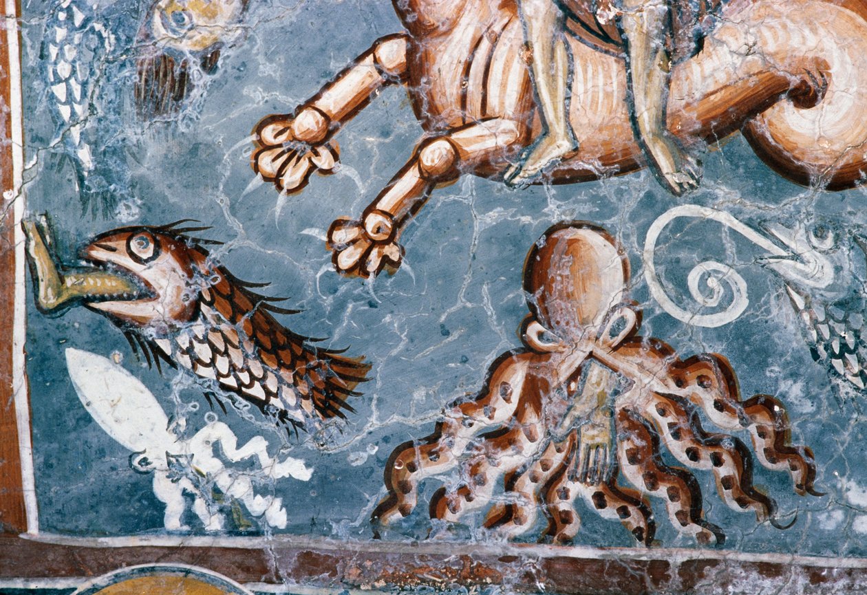 Havsvarelser, detalj från fresk i kyrkan Agios Georgios, Mourne, Kreta, Grekland (foto) av J.B. and Brown J. Rowbotham