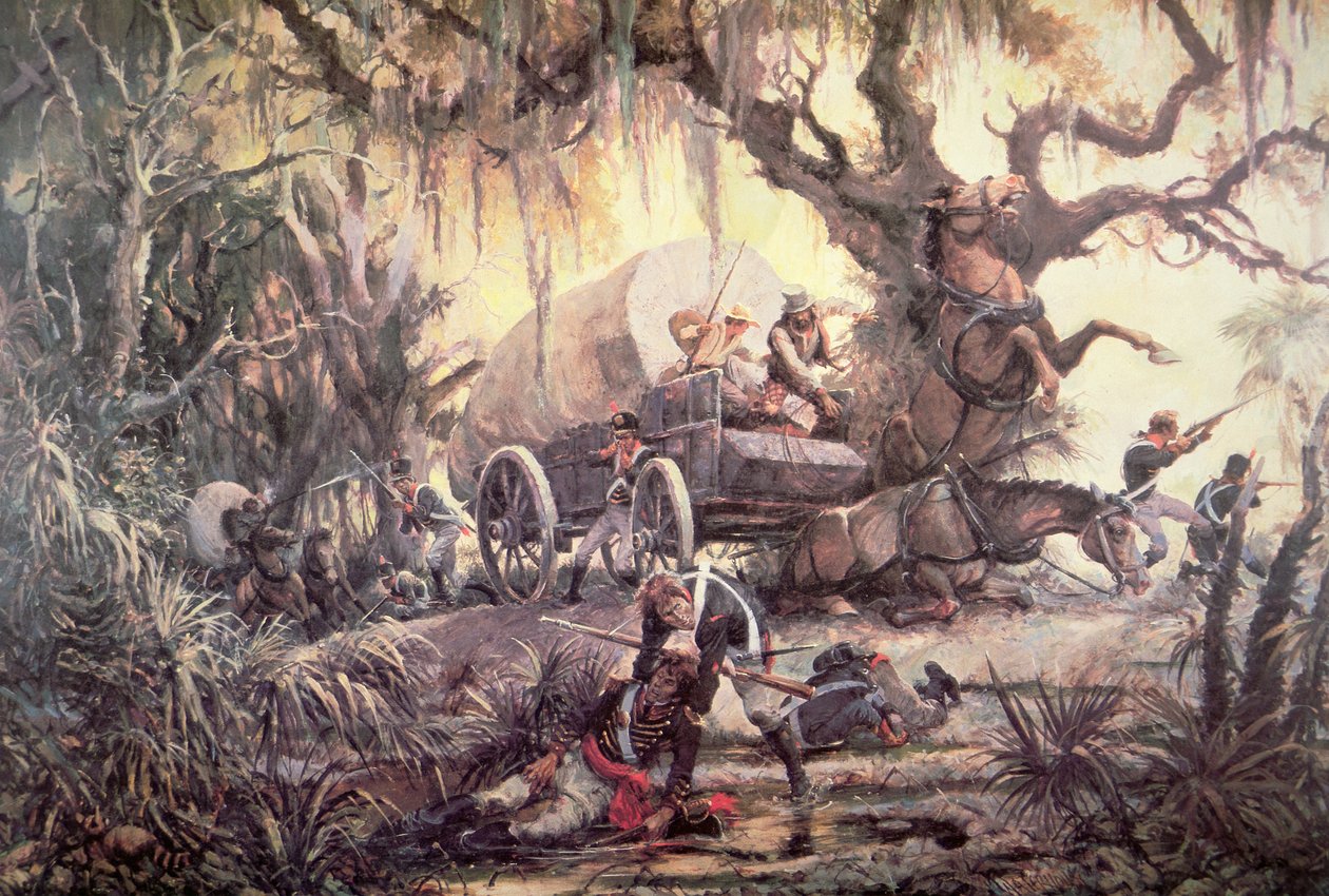 Seminoleindianer överfaller en försörjningsvagn för amerikanska marinkårssoldater. av J.B. and Brown J. Rowbotham