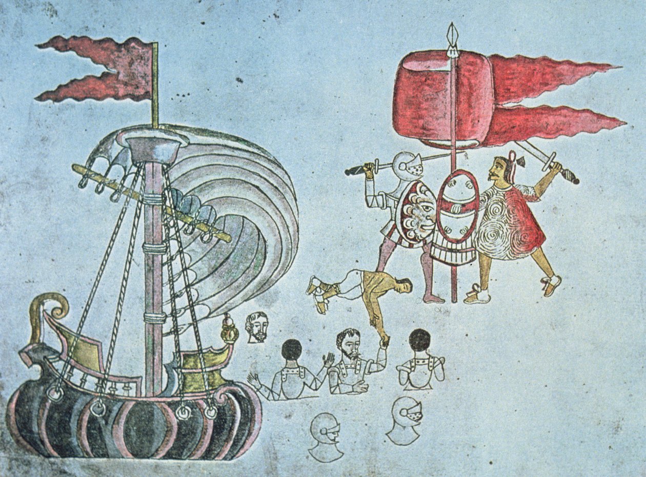 Spanska soldater från Hernan Cortes vadar iland 1519 för att slåss mot aztekerna, kopierat från Codex Azcatitlan, ca 1550 (färg litho) av J.B. and Brown J. Rowbotham