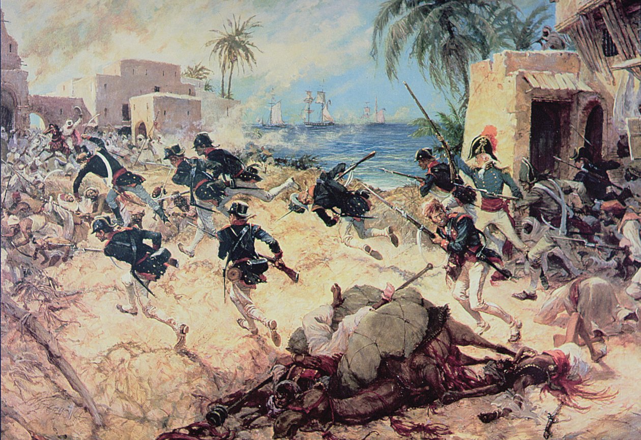 Amerikanska marinsoldater fångar Barbarys piratfästning i Derna, Tripoli, 27 april 1805 (akvarell på papper) av C.H. Waterhouse