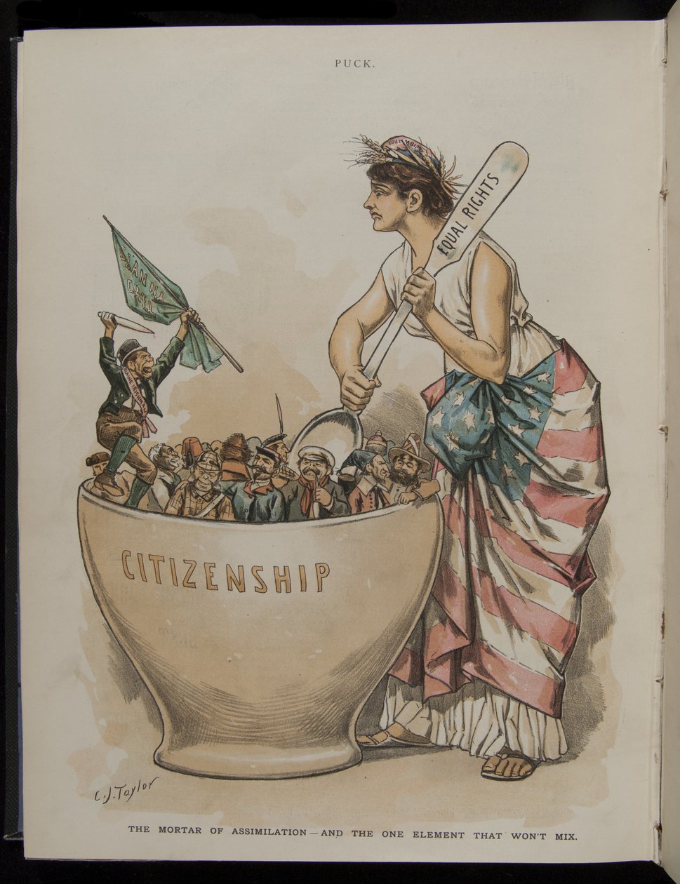 Assimilationens murbruk - And the One Element That Wont Mix, illustration från Puck Magazine, 26 juni, 1889 av C.J. Taylor