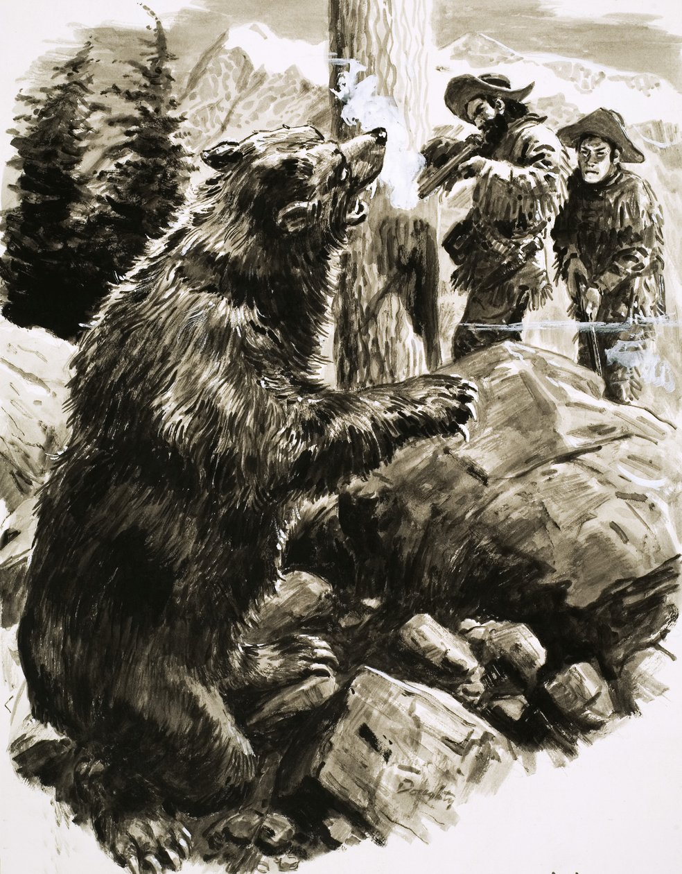 Amerikansk grizzlybjörn skjuts av fångstmän av C.L. Doughty
