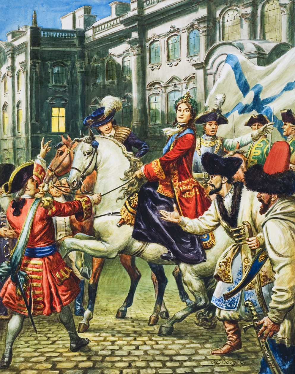 Katarina den stora (1729-96) blir kejsarinna av Ryssland efter att hennes make, tsar Peter, fängslats (gouache på papper) av C.L. Doughty