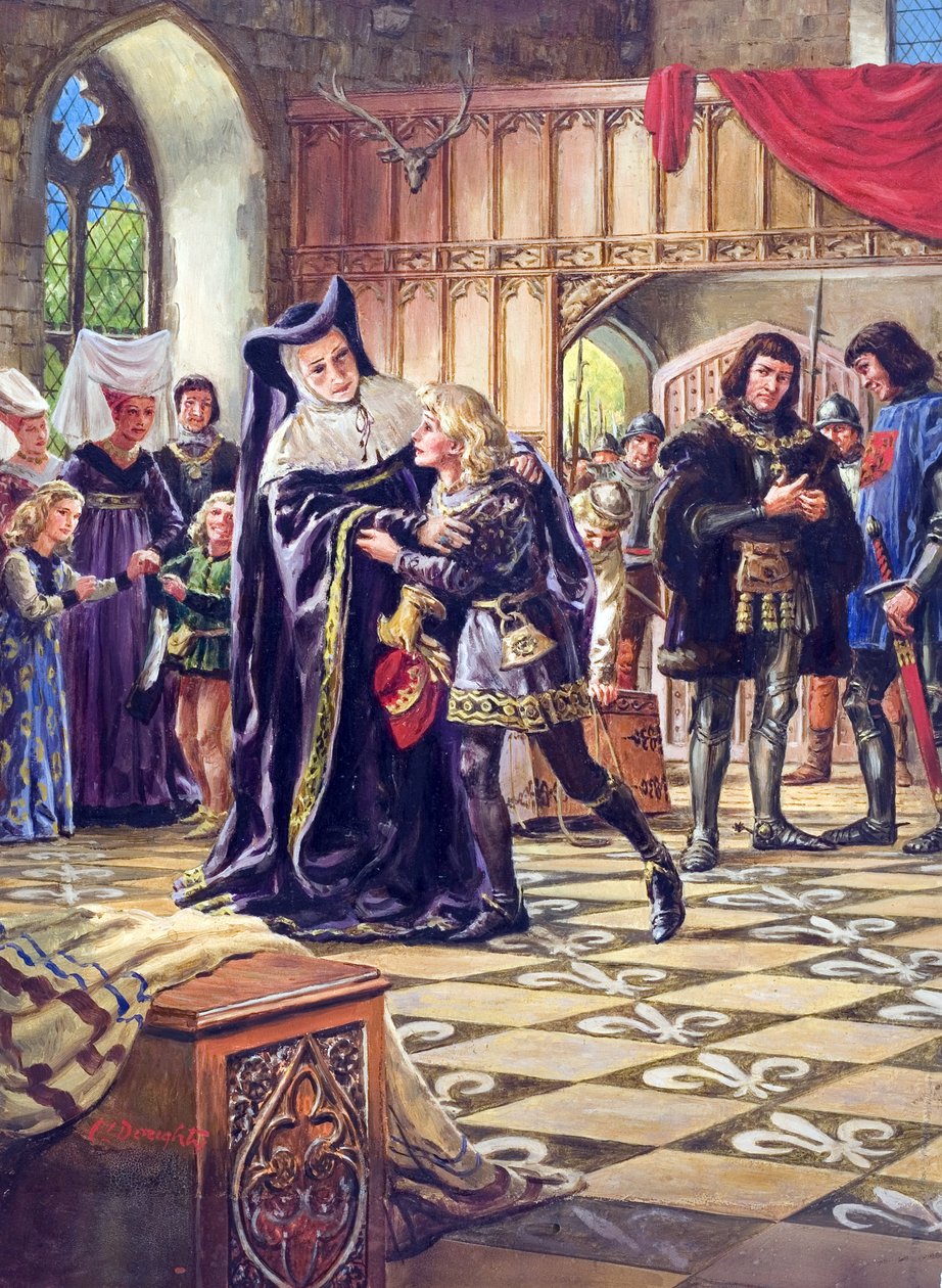 Edward V (1470-83) överlämnas till hertigen av Gloucester (1452-85) (gouache på papper) av C.L. Doughty