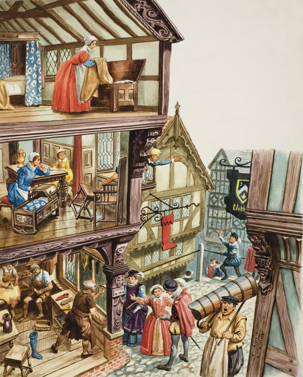 Elizabethan Townscape (gouache på papper) av C.L. Doughty