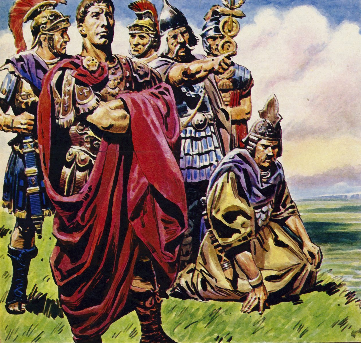 Efter erövringen av Gallien siktade Julius Caesar in sig på Britannien (färglitografi) av C.L. Doughty