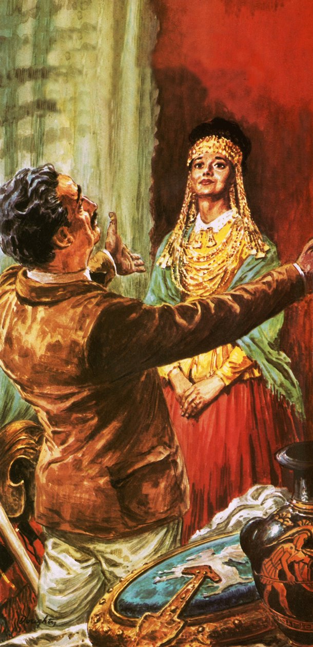 Heinrich Schliemann smyckar sin hustru med prydnadsföremål som grävts upp på platsen för det antika Troja av C.L. Doughty