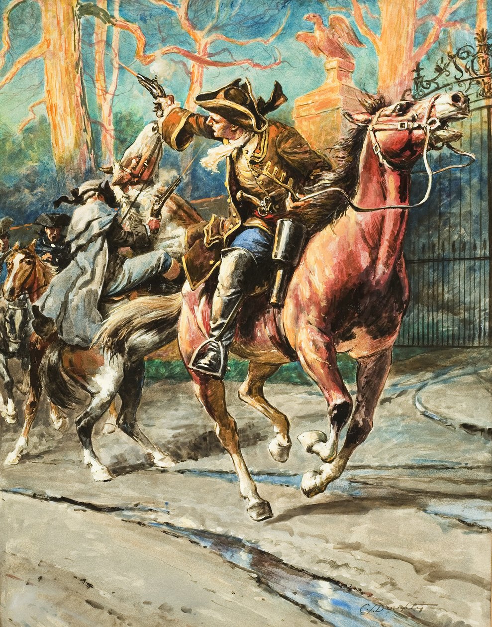 The Exploits of a Highwayman (gouache på papper) Efter varje rån verkade William Page kunna ta sig ur det - tills nästa av hans våghalsiga eskapader; hans framgångssaga stoppades av ett rånförsök på Great North Road; av C.L. Doughty