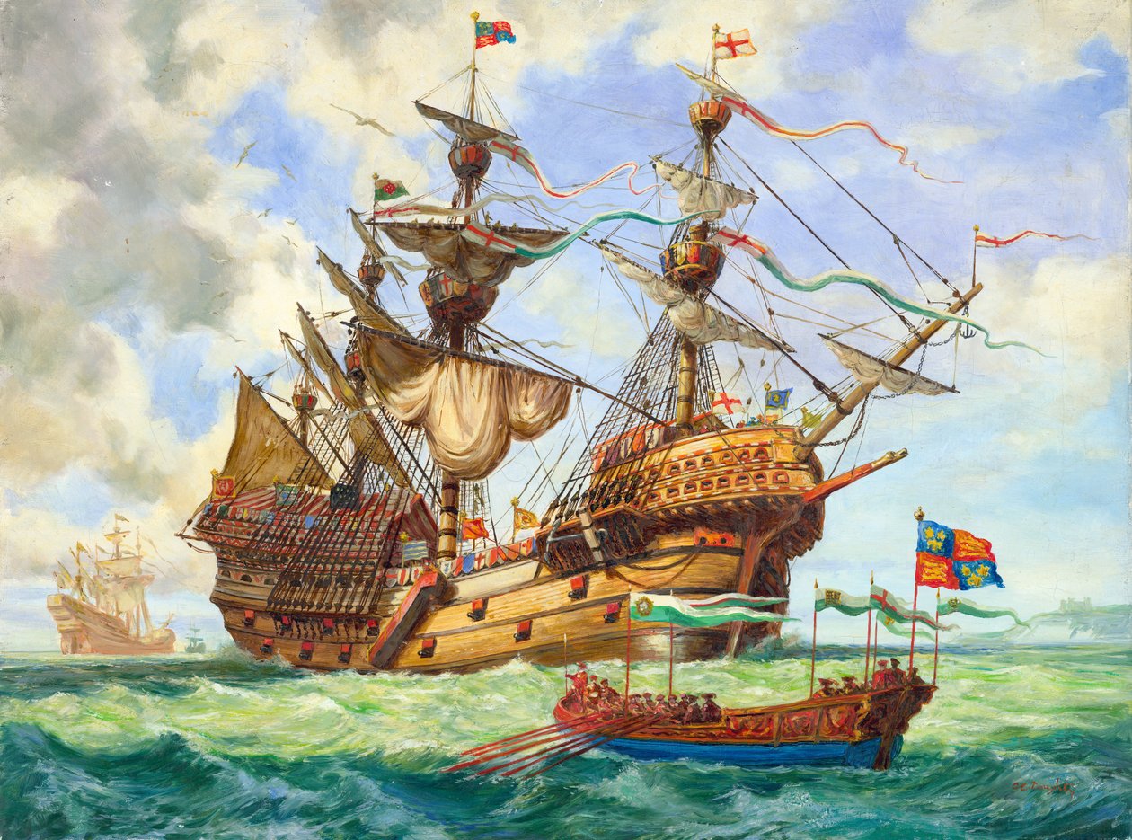 The Great Harry, flaggskepp i kung Henrys flotta, med många av sina 251 kanoner (gouache på papper) av C.L. Doughty