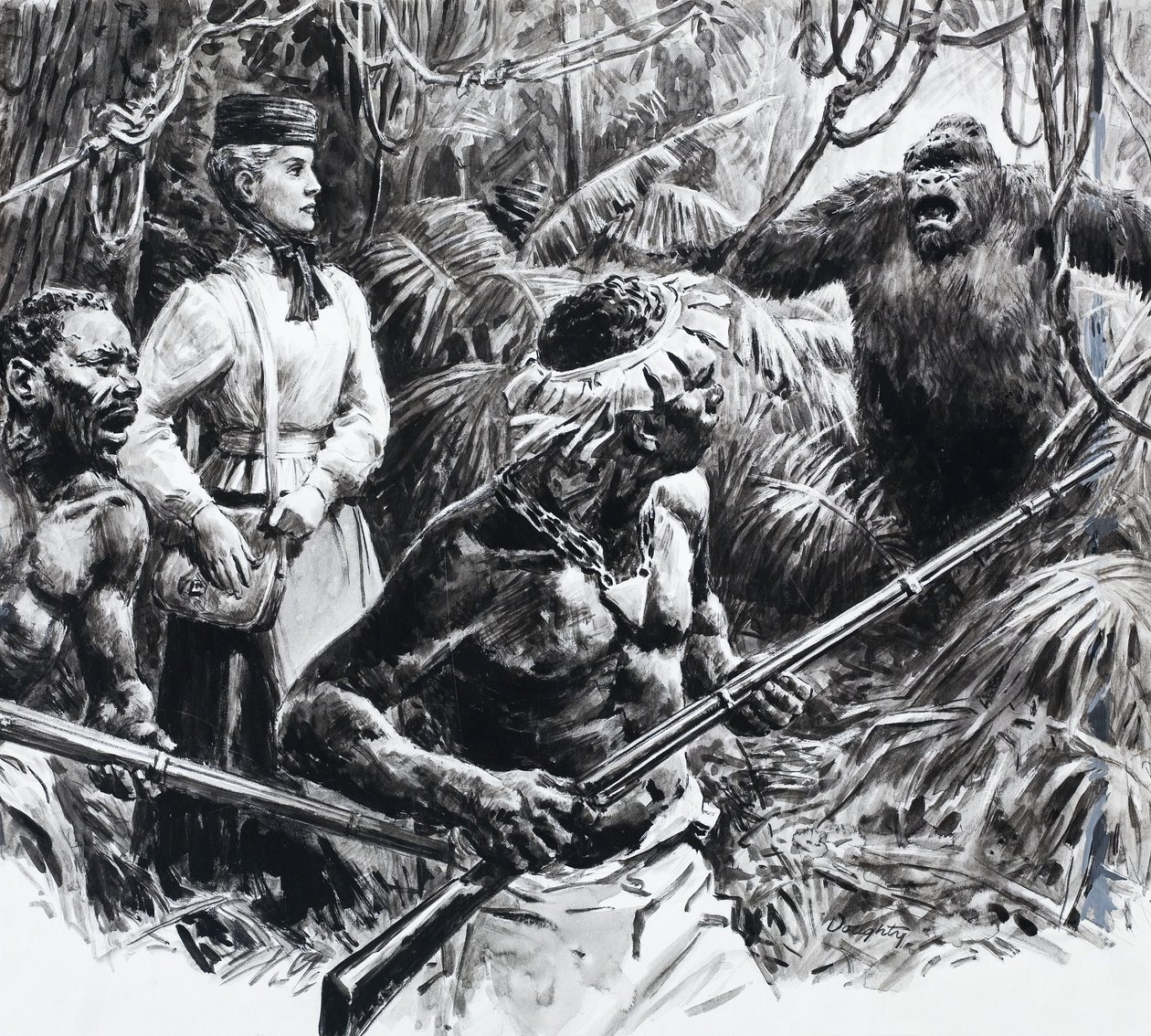Upptäcktsresanden Mary Kingsley i Afrika (gouache på papper) av C.L. Doughty