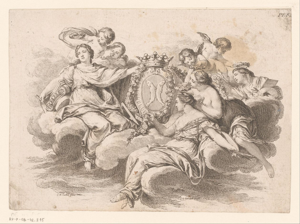 Allegorisk representation med figurer på ett moln av C.O. Gelirnard