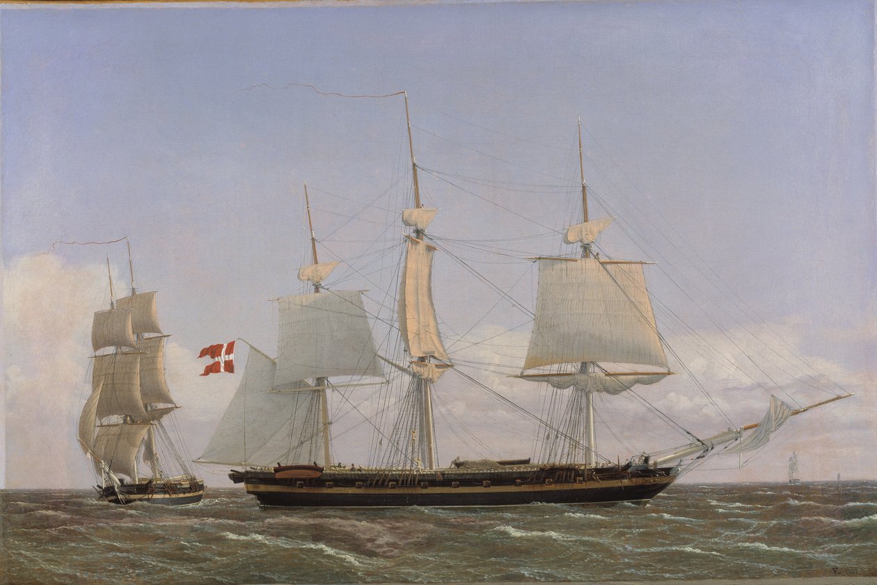 En dansk korvett lägger sig för att konferera med en dansk brigg: Scenen utspelar sig i västindiska vatten av Christoffer Wilhelm Eckersberg