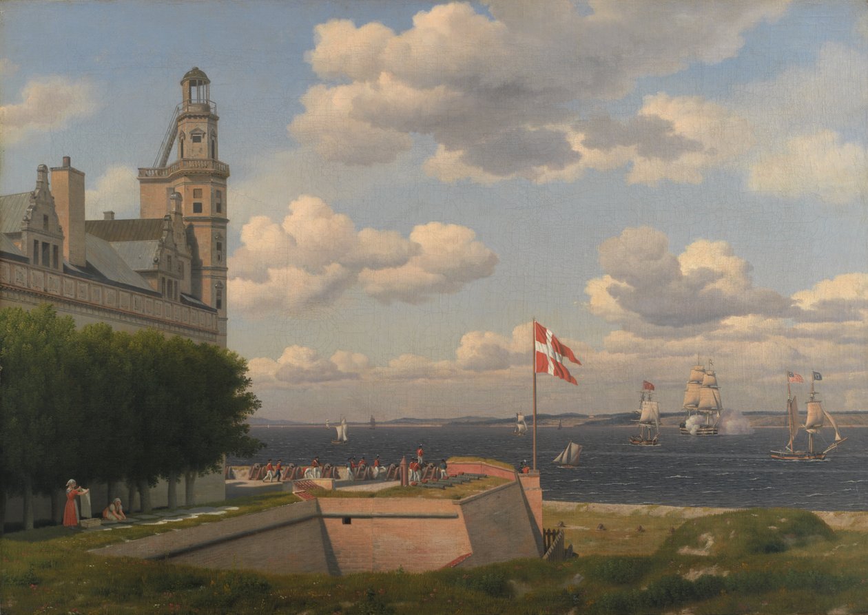 Utsikt mot svenska kusten från Kronborgs slotts vallar av Christoffer Wilhelm Eckersberg