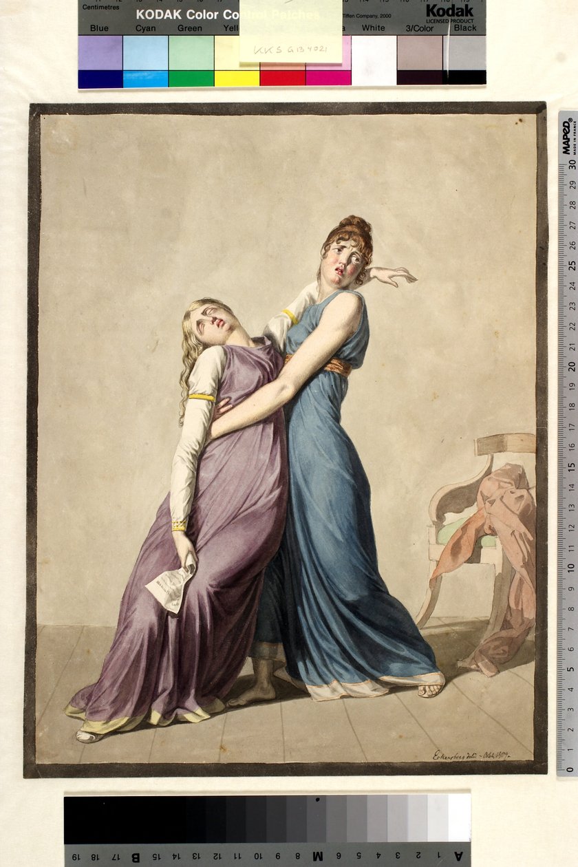 En kvinna stödjer en annan kvinna, som har svimmat när hon läste ett brev av Christoffer Wilhelm Eckersberg