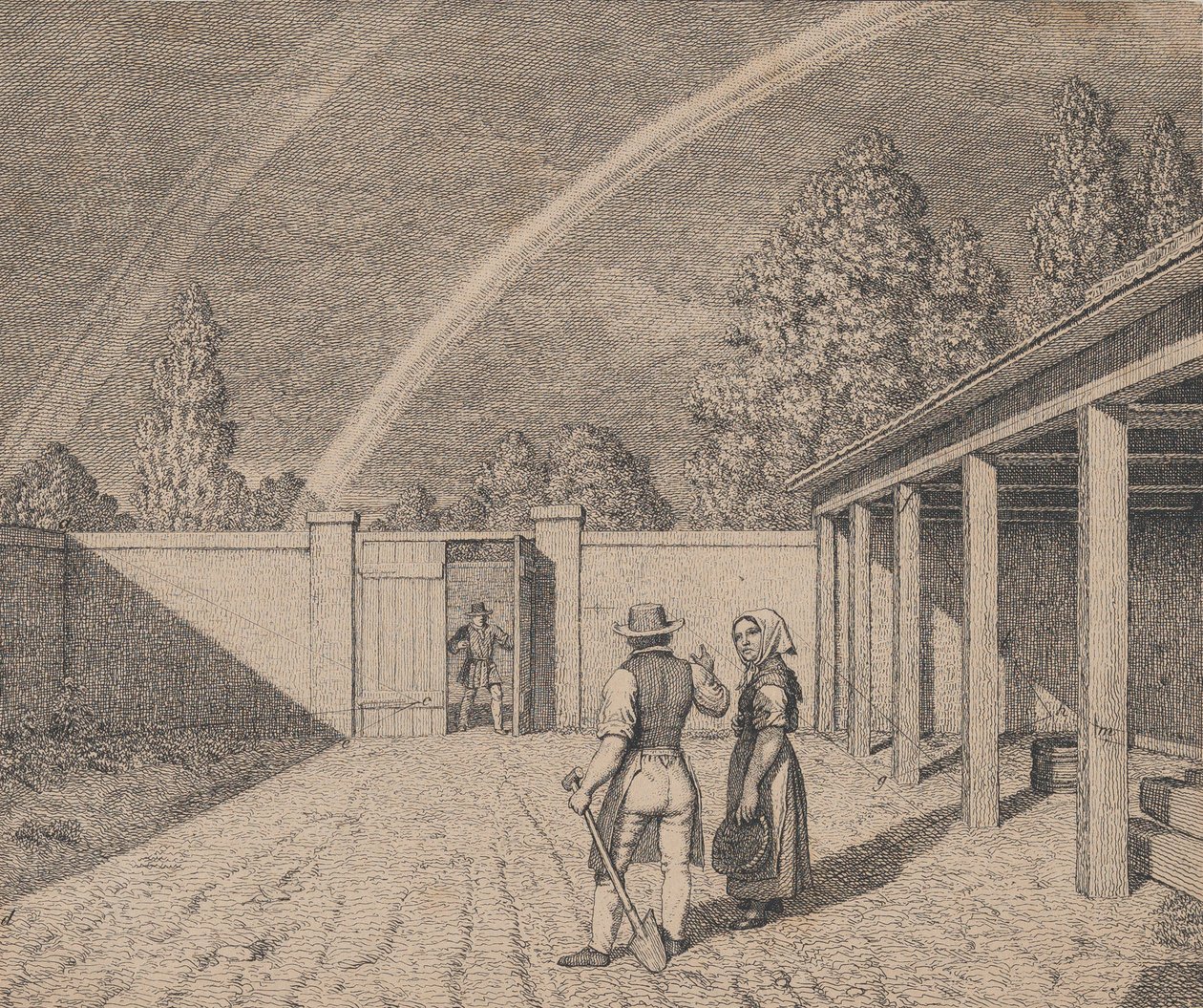 Ett par som samtalar på en stallgård, med en dubbel regnbåge ovanför, från 