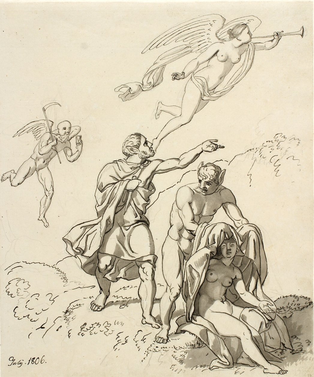 Allegorisk sammansättning; ett par unga män med åsneöron och en sittande naken kvinna, i bakgrunden Tid och fauna flyter av Christoffer Wilhelm Eckersberg