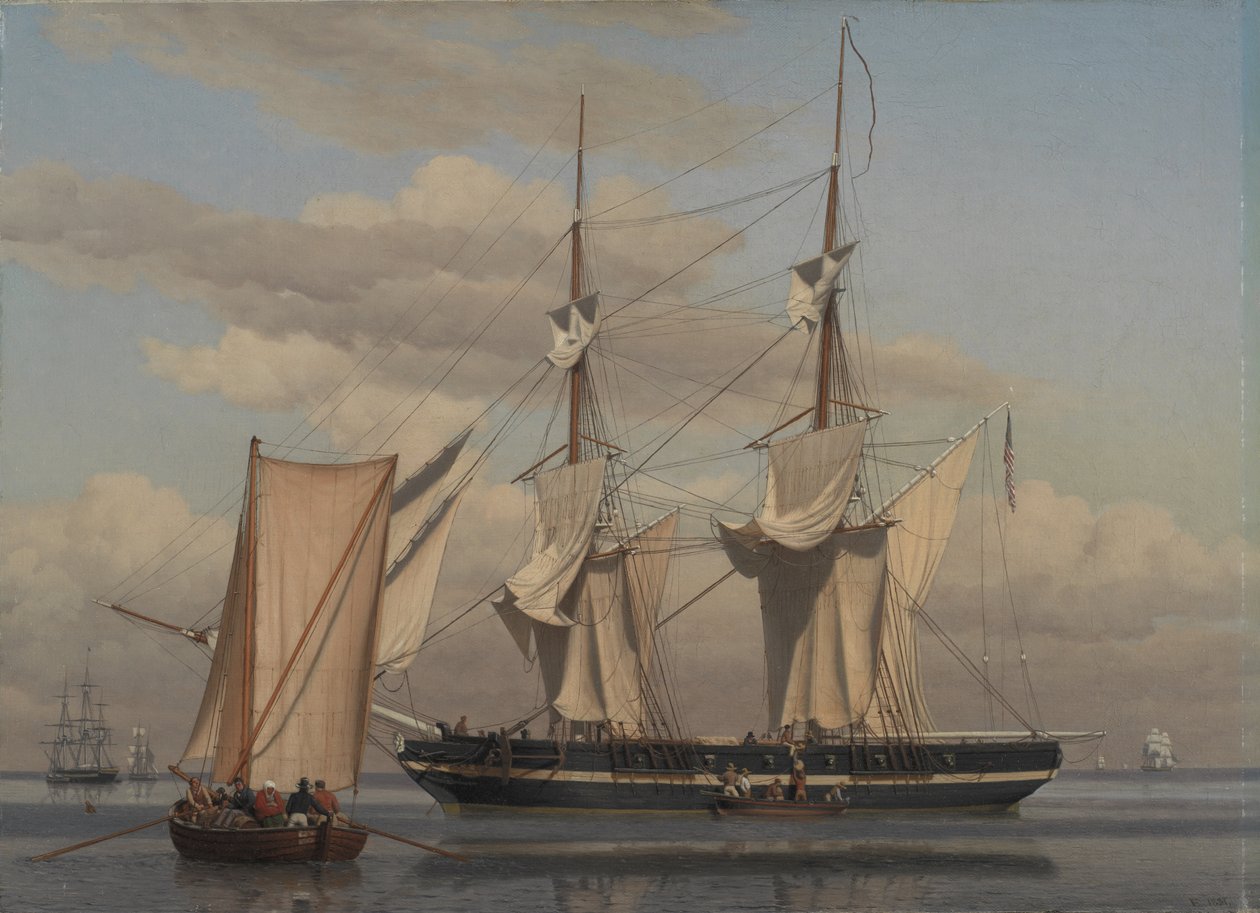 En amerikansk flottbrigg ligger för ankar medan hennes segel torkar av Christoffer Wilhelm Eckersberg