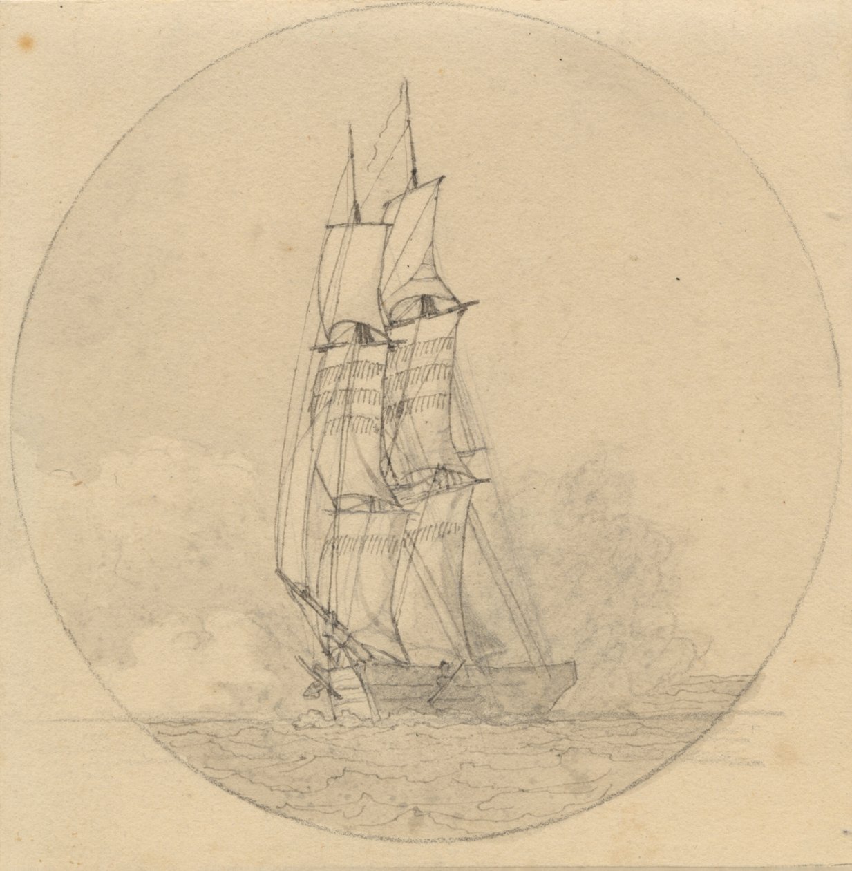 En brigg under segel sett framifrån. av Christoffer Wilhelm Eckersberg