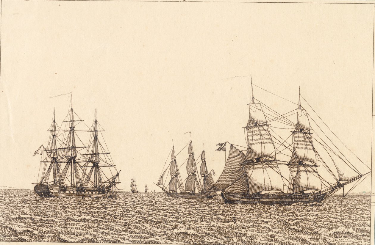 En fregatt ligger för ankar. Illustration för "Linjärt perspektiv", skylt IXb av Christoffer Wilhelm Eckersberg